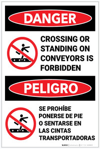 Danger: Crossing or Standing On Conveyors Is Forbidden With Icons Bilingual Spanish - Label