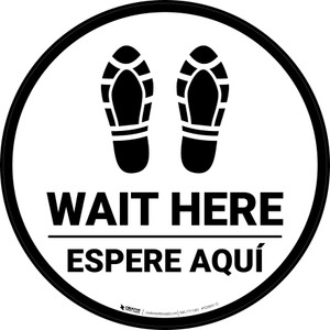 Wait Here Espere Aqui Shoe Prints Bilingual Circular - Floor Sign