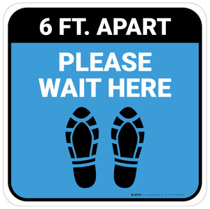 Please Wait Here 6 Ft Apart Shoe Prints Blue Square - Floor Sign