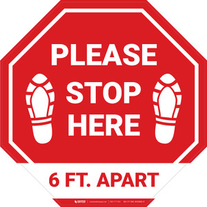 Please Stop Here 6 Ft Apart Shoe Prints Stop - Floor Sign