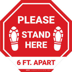 Please Stand Here 6 Ft. Apart Shoe Prints STOP - Floor Sign