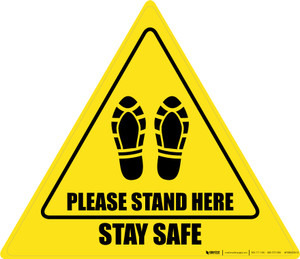Please Stand Here Stay Safe Shoe Prints Triangle - Floor Sign