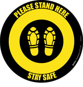 Please Stand Here Stay Safe Shoe Prints Yellow/Black Circular - Floor Sign