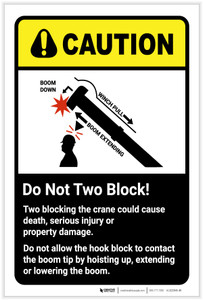 Caution: Do Not Two Block - Two Blocking the Crane Could Cause Injury ANSI Portrait - Label