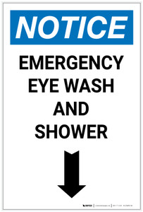 Notice: Emergency Eye Wash Station and Shower with Arrow Down Icon Portrait - Label