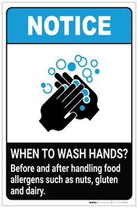 Notice: Wash Hands Before Handling Food Allergens ANSI Portrait - Label