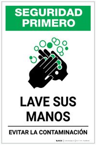 Safety First: Wash Your Hands Avoid Contamination Spanish with Icon Portrait - Label
