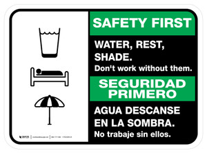 Safety First: Water Rest Shade Don't Work Without Them Bilingual with Icons Rectangular - Floor Sign