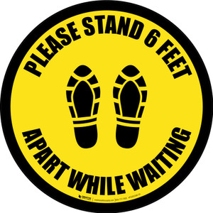 Please Stand 6 Feet Apart While Waiting Shoe Prints Black Border - Circular - Floor Sign