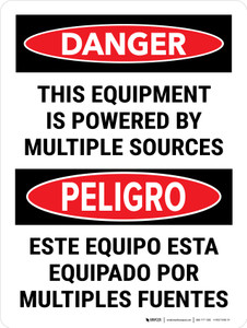 Danger: This Equipment Is Powered By Multiple Sources Bilingual Portrait - Wall Sign