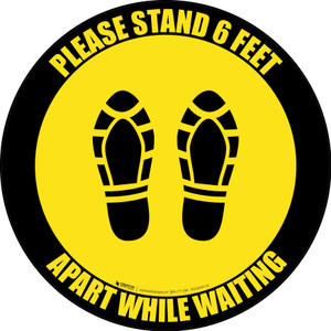 Please Stand 6 Feet Apart While Waiting Shoe Prints Yellow Black Border - Circular - Floor Sign