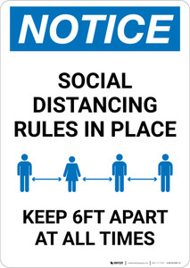Notice: Social Distancing Rules in Place - Keep 6ft Apart at All Times Portrait - Wall Sign