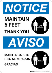 Notice: Maintain 6 Feet - Thank You Bilingual with Icon Portrait - Wall Sign