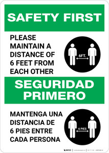 Safety First: Please Maintain A Distance Of 6 Feet Bilingual with Icon Portrait - Wall Sign
