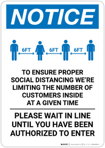 Notice: Social Distancing Limited Customers Authorized with Icon Portrait - Wall Sign