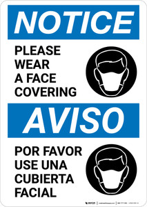 Notice: Please Wear A Face Covering Bilingual with Icon Portrait - Wall Sign