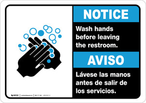 Notice: Wash Your Hands Before Leaving Restroom Bilingual with Icon Landscape - Wall Sign
