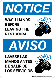 Notice: Wash Your Hands Before Leaving Restroom Bilingual with Icon Portrait - Wall Sign
