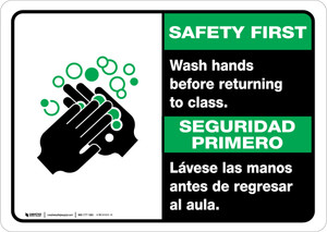 Safety First: Wash Hands Before Returning To Class Bilingual with Icon Landscape - Wall Sign