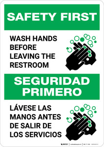Safety First: Wash Your Hands Before Leaving Restroom Bilingual with Icon Portrait - Wall Sign