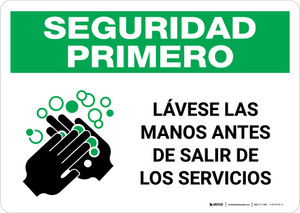 Safety First: Wash Your Hands Before Leaving Restroom Spanish with Icon Landscape - Wall Sign
