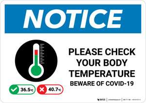 Notice: Please Check Your Body Temperature Beware of COVID with Icon Landscape - Wall Sign