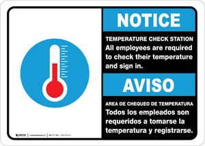 Notice: Temperature Check Station Employees Required Bilingual with Icon Landscape - Wall Sign