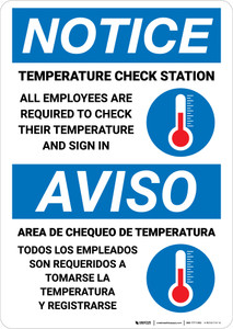 Notice: Temperature Check Station Employees Required Bilingual with Icon Portrait - Wall Sign