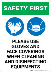 Safety First: Use Gloves And Face Coverings When Disinfecting with Icons Portrait - Wall Sign