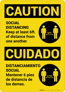 Caution: Social Distancing Keep 6ft. Bilingual with Icon Portrait - Wall Sign
