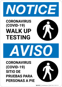 Notice: Coronavirus Walk Up Testing Bilingual with Icon Portrait - Wall Sign