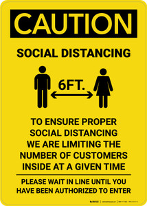 Caution: Social Distancing We Are Limiting the Number of Customers with Icon Portrait - Wall Sign