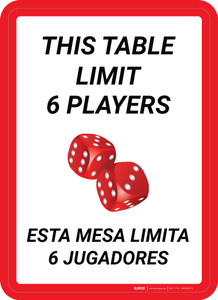 This Table Limit 6 Players Bilingual Portrait with Dice Emoji - Wall Sign