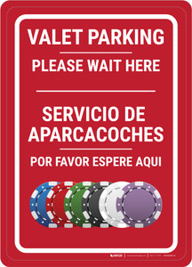 Casino Valet Parking - Please Wait Here Bilingual Portrait with Emoji - Wall Sign