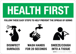 Health First: Easy Steps To Prevent Germs Landscape - Wall Sign