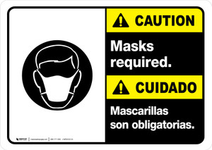 Caution: Masks Required Bilingual with Icon ANSI Landscape - Wall Sign