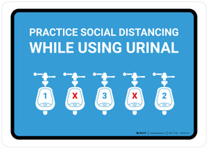 Practice Social Distancing While Using Urinal with Icon Blue Landscape - Wall Sign