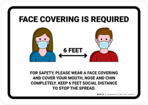 Face Covering Is Required 6 Feet with Icons Landscape - Wall Sign