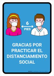 Thank You For Practicing Social Distancing Spanish with Icons Blue Portrait - Wall Sign