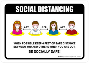 Social Distancing Keep 6 Feet When Possible with Icons Landscape - Wall Sign