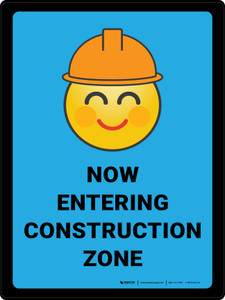 Now Entering Construction Zone with Emoji Blue Portrait - Wall Sign