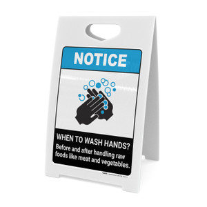 Notice: Wash Hands Before Handling Raw Foods ANSI Portrait - A-Frame Sign