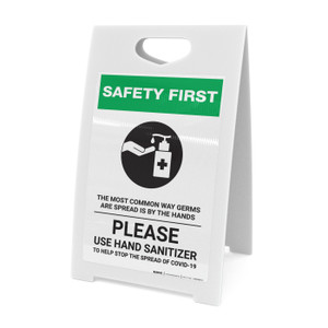 Safety First: The Most Common Way Germs are Spread - Please Use Hand Sanitizer with Icon Portrait - A-Frame Sign