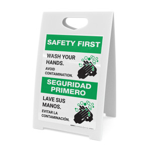 Safety First: Wash Your Hands Avoid Contamination Bilingual with Icon Portrait - A-Frame Sign
