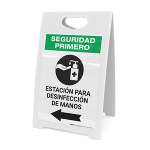 Safety First: Hand Sanitizing Station Left Spanish with Icon Portrait - A-Frame Sign