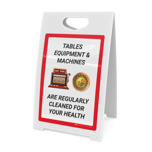 Tables, Equipment, & Machines are Regularly Cleaned For your Health Portrait with Emoji - A-Frame Sign