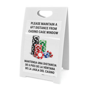 Please Maintain a 6ft Distance from Casino Cage Window Bilingual Portrait with Emoji - A-Frame Sign