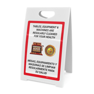 Tables, Equipment, & Machines are Regularly Cleaned For your Health Bilingual Portrait with Emoji - A-Frame Sign