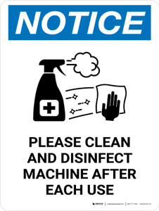 Notice: Please Clean And Disinfect Machine with Icon Portrait - Wall Sign
