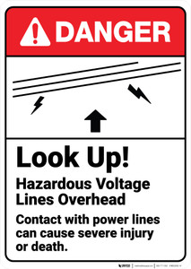 Danger: Look Up Hazardous Voltage Lines Overhead ANSI - Wall Sign
